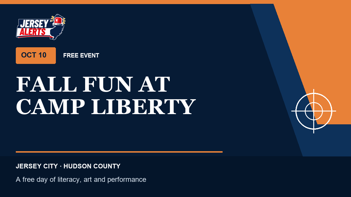 Jersey Alerts event card for Fall Fun at Camp Liberty in Jersey City on October 10, 2026