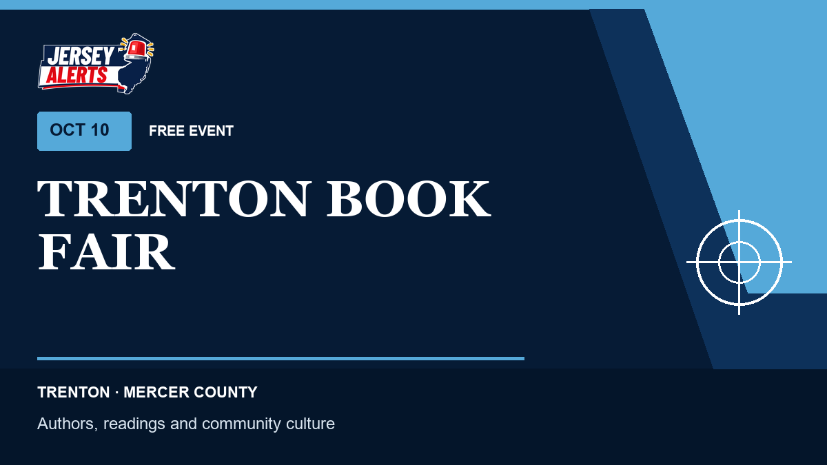 Jersey Alerts event card for the Trenton Book Fair on October 10, 2026